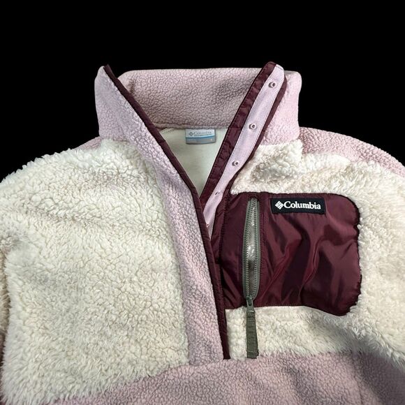 Columbia Women’s Pink & Cream Sherpa Fleece Snap Button Pullover Front Pocket - Picture 6 of 16